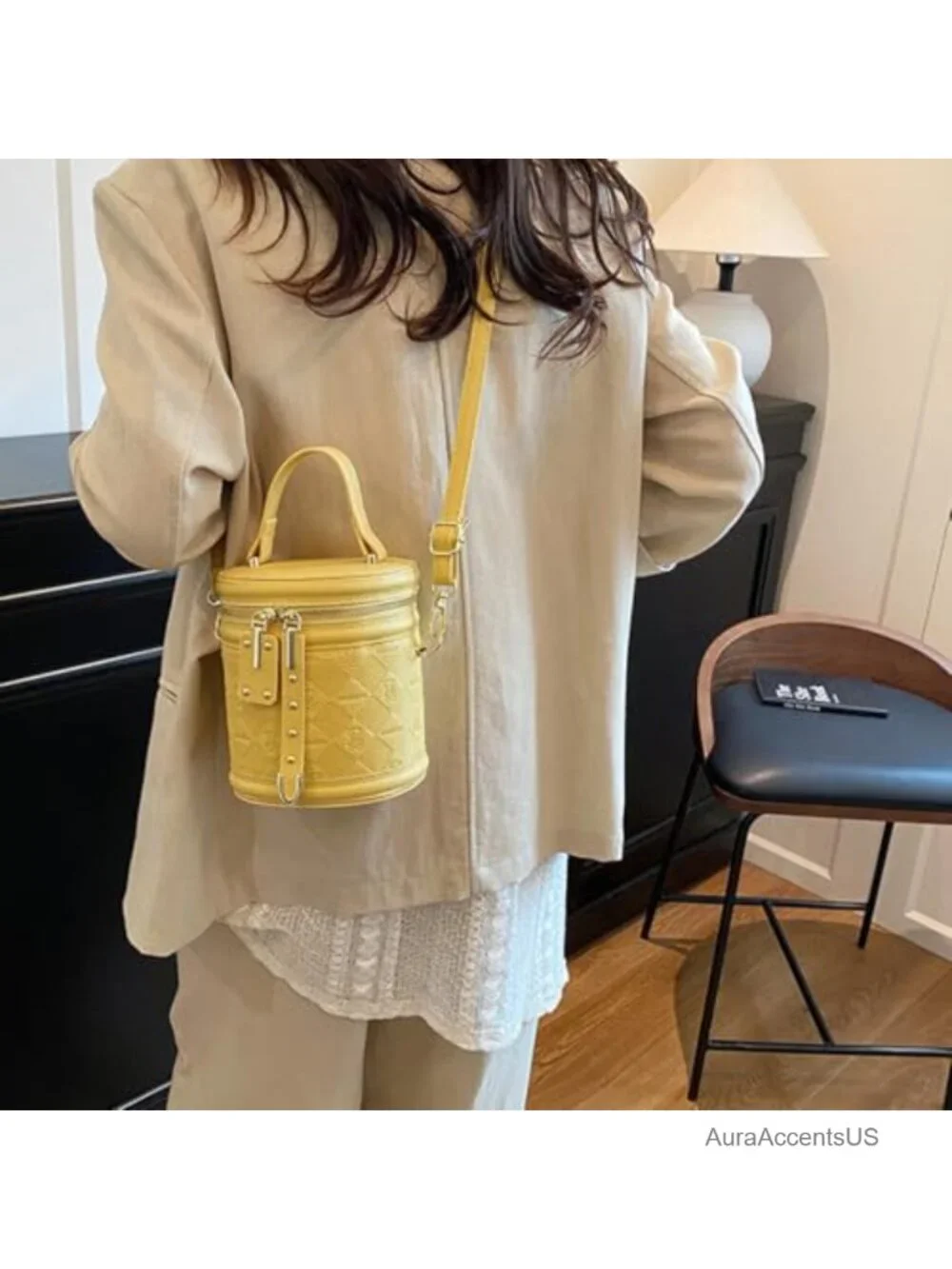 Mini Bucket Crossbody Bag Vegan Leather Quilted Cylinder Purse Handbag